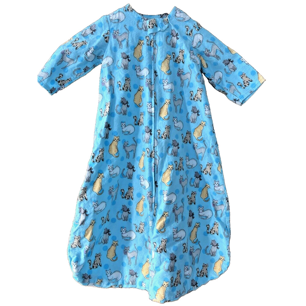 Vintage Homemade Blue Flannel Baby Bunting Cat Print Zip Snap Blanket Soft